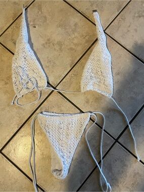 White Crochet Triangle Bikini Bottom & Top Set - Women Intimates & Sleepwear